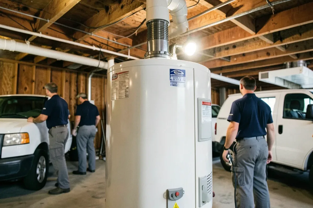 Power-vent gas water heater with white plastic vent pipe heading to a rim joist