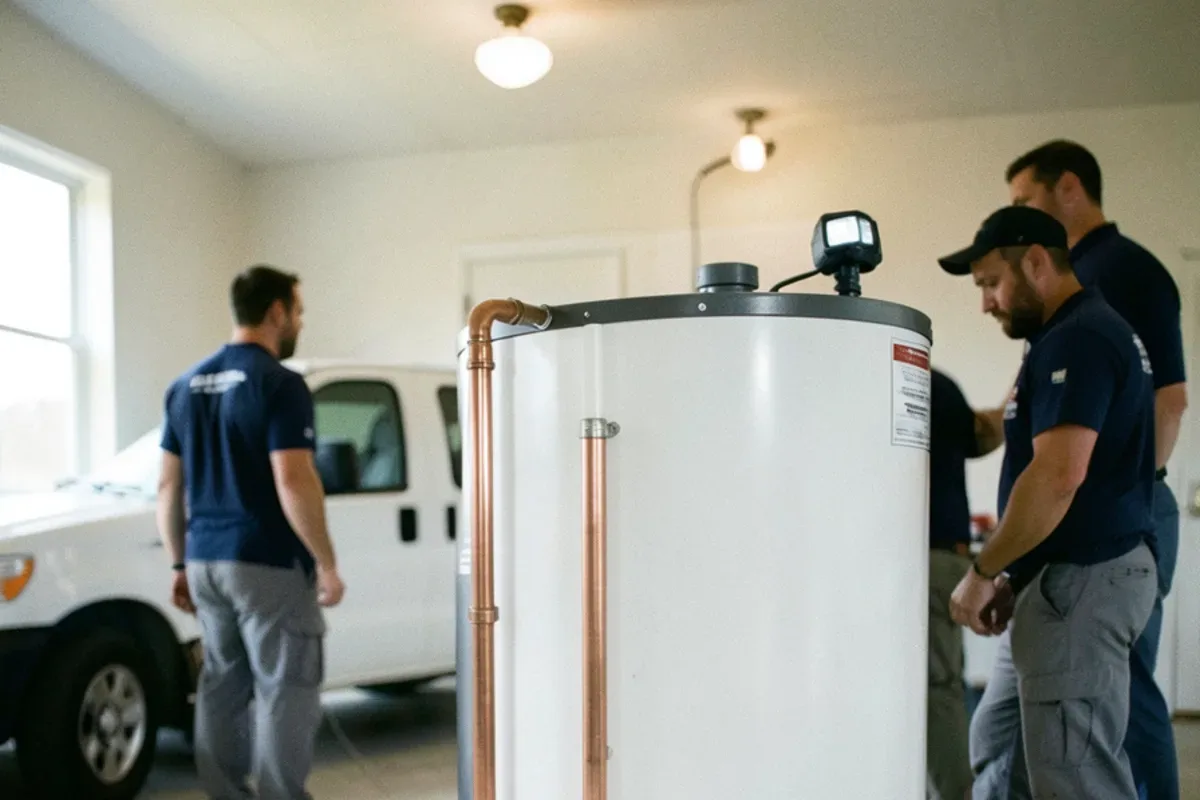 Relief valve discharge pipe running down the side of a new water heater toward the floor