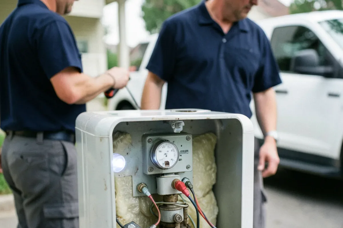 Multimeter leads testing the lower heating element of an electric water heater