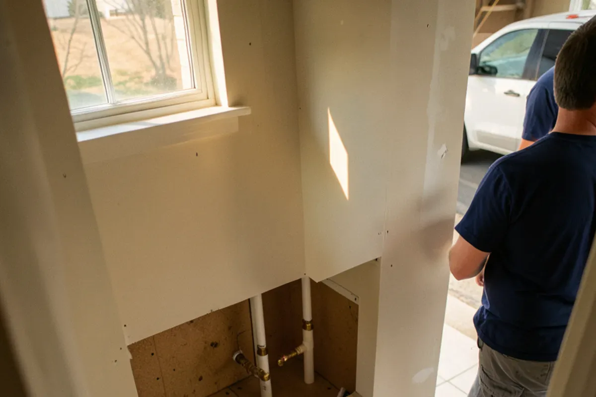 Small opening in a bathroom wall showing new supply stub-outs for a vanity