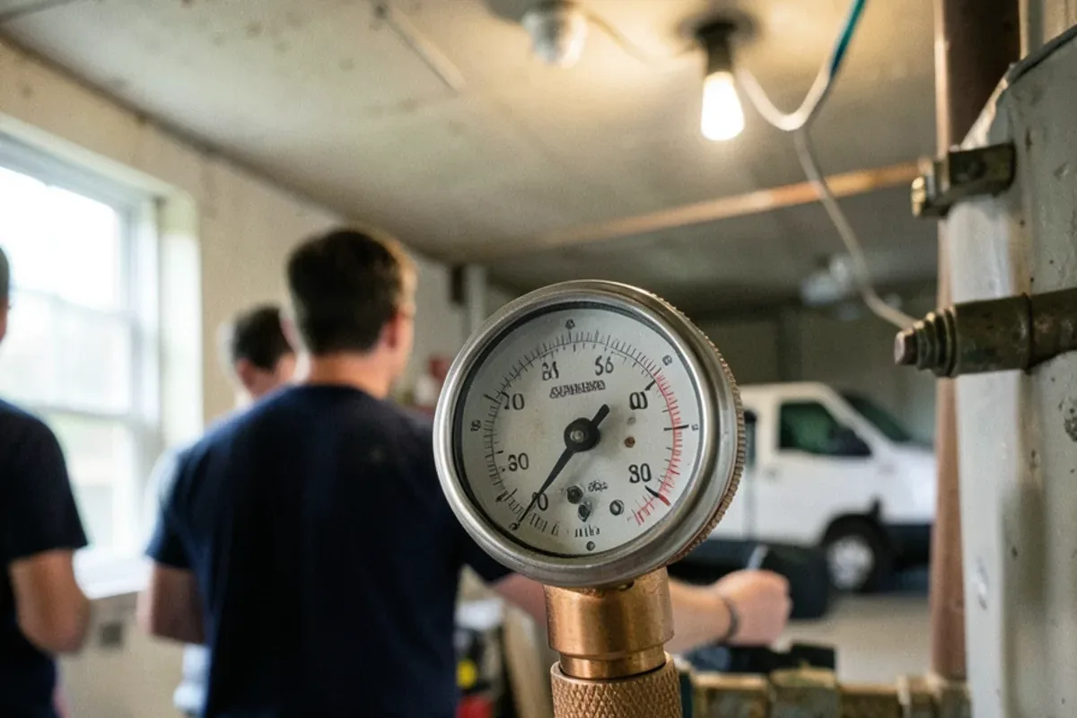 Pressure gauge attached to a new supply line during a repipe test
