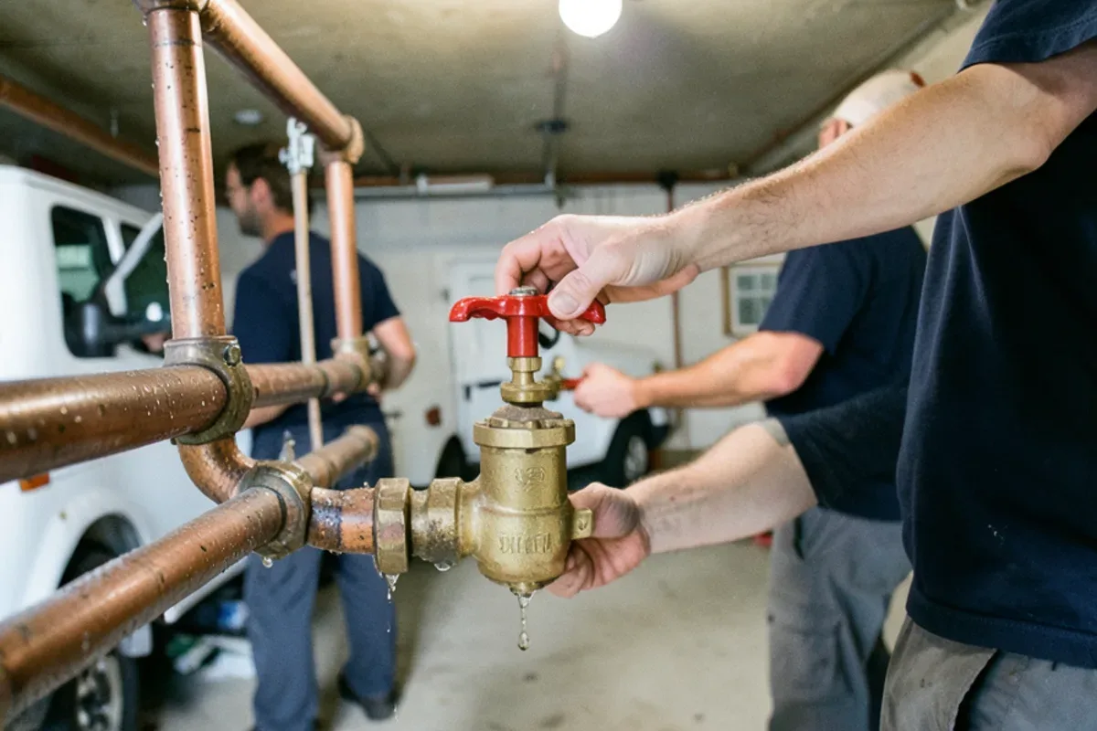 Hand turning a basement main water shutoff valve during a leak